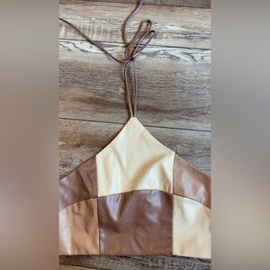 Colorblock Vegan Leather Halter Tank Top - Brown & Cream